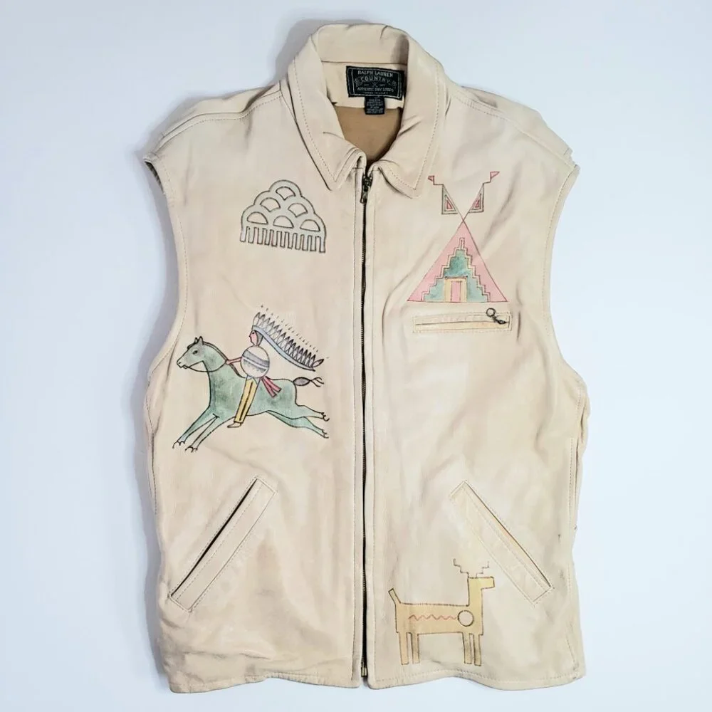 Ralph Lauren Country Polo Women Leather Vest Native American USA made 80s Vtg - Picture 15 of 16